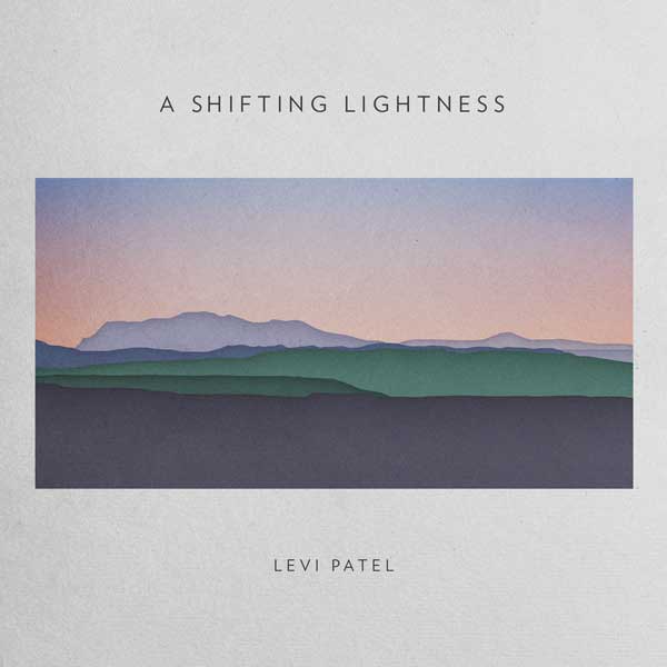 A Shifting Lightness album artwork. Abstract illustration of hills, the sky, and a distant island, all in soft colours.