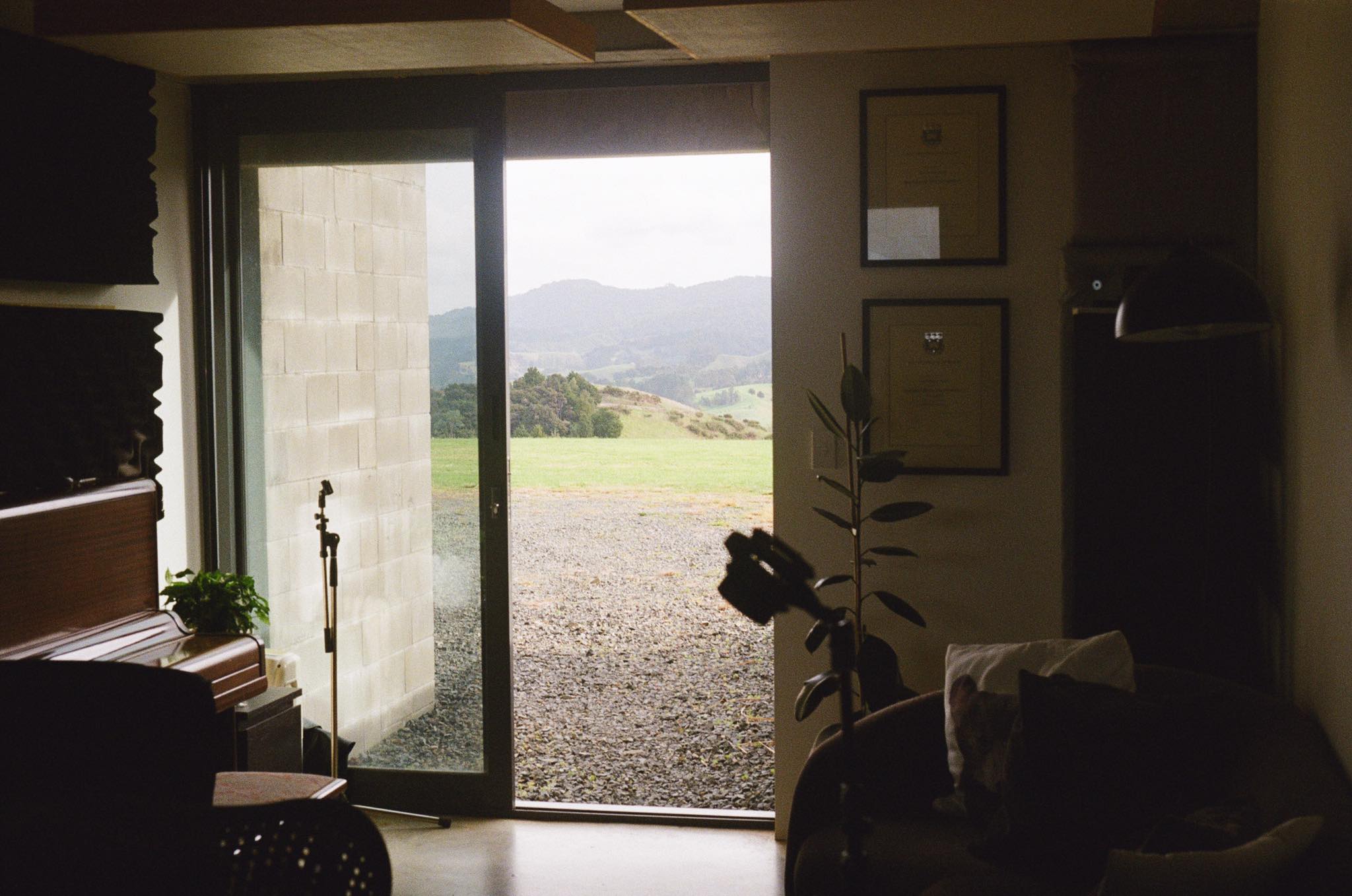 recording studio interior with view outside to a valley